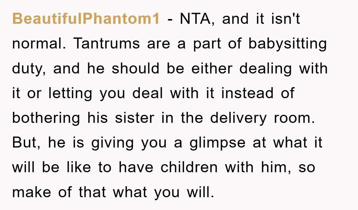 BeautifulPhantom1 − NTA, and it isn't normal. Tantrums are a part of babysitting duty, and he should be either dealing with it or letting you deal with it instead of...
