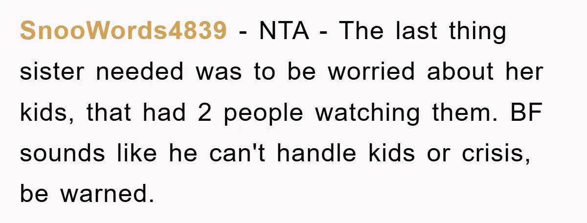 SnooWords4839 − NTA - The last thing sister needed was to be worried about her kids, that had 2 people watching them. BF sounds like he can't handle kids or...