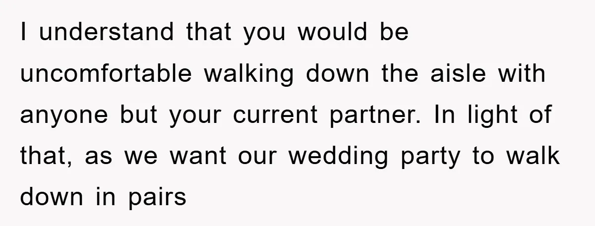 I understand that you would be uncomfortable walking down the aisle with anyone but your current partner. In light of that, as we want our wedding party to walk down...