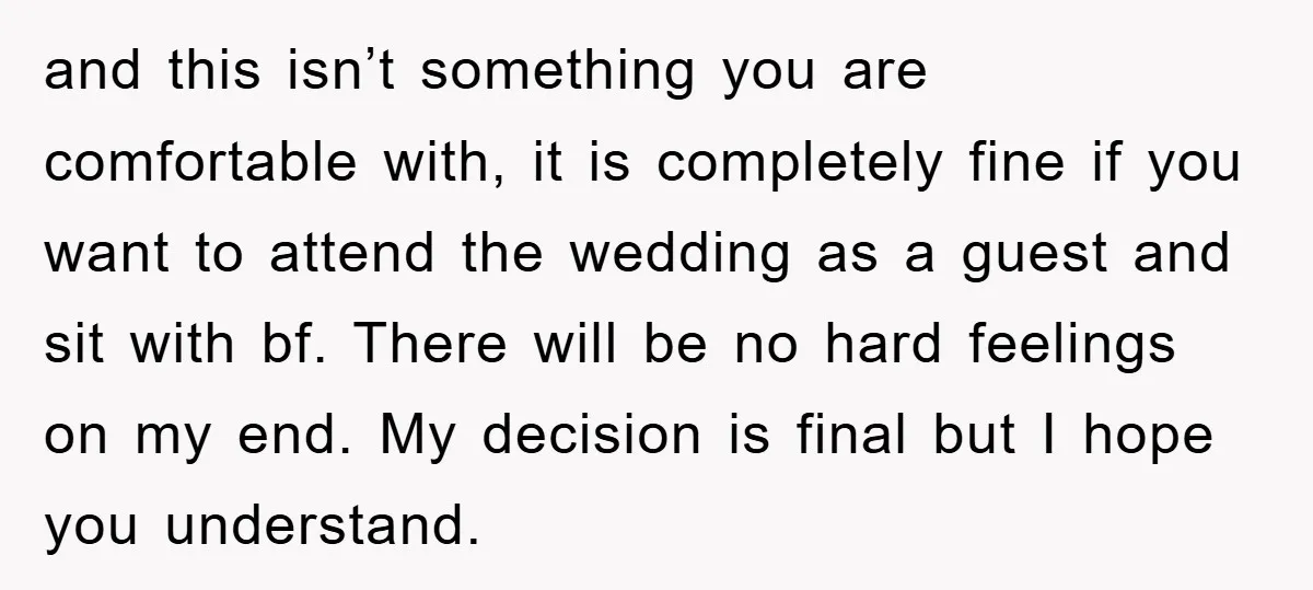 and this isn’t something you are comfortable with, it is completely fine if you want to attend the wedding as a guest and sit with bf. There will be no...