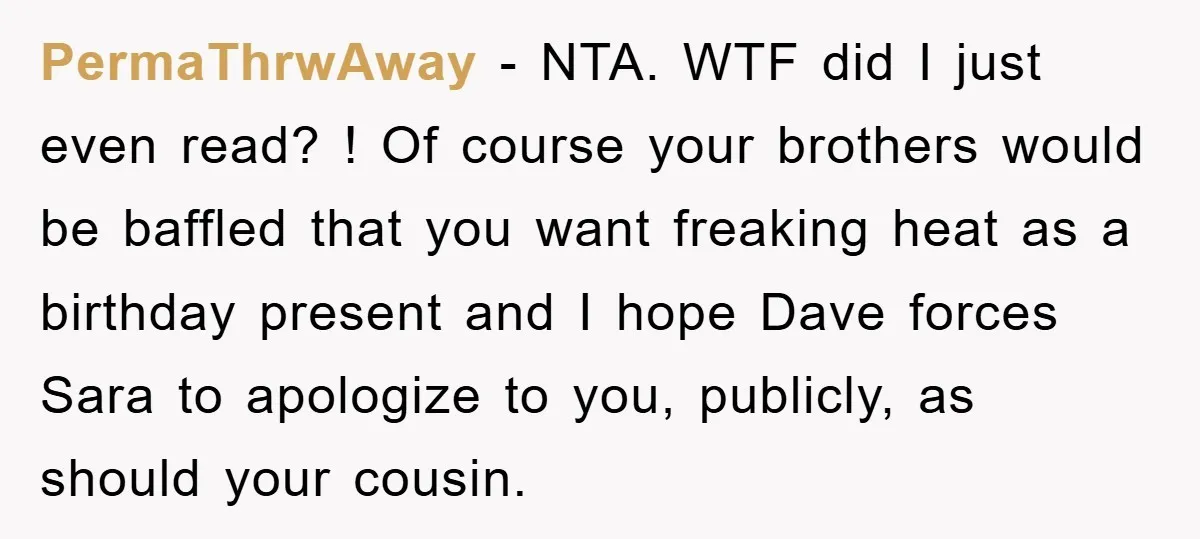 PermaThrwAway − NTA. WTF did I just even read? ! Of course your brothers would be baffled that you want freaking heat as a birthday present and I hope Dave...