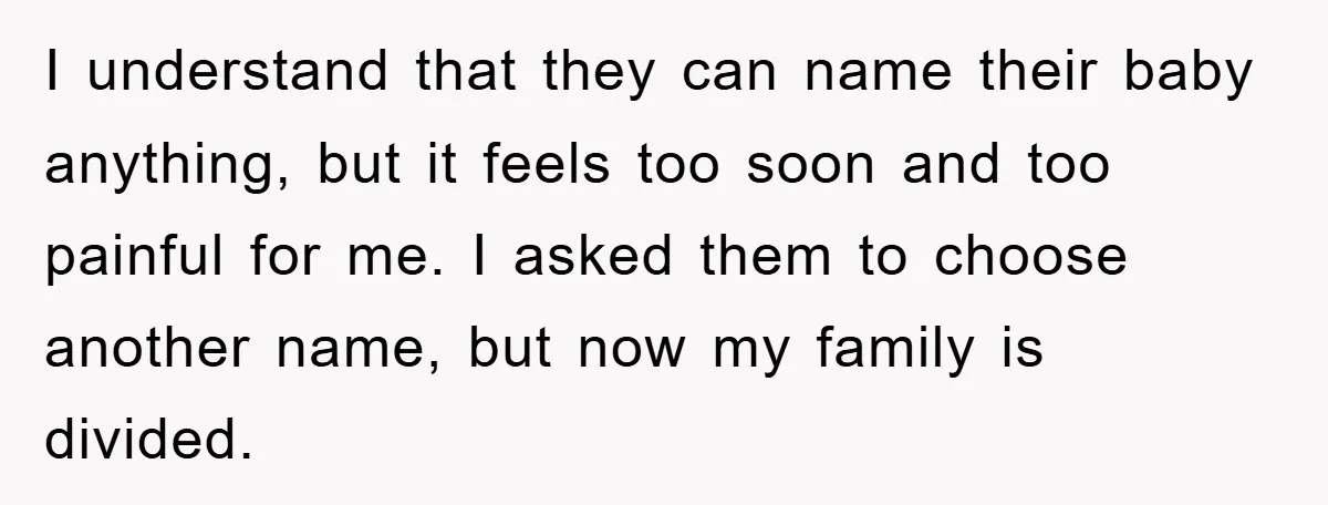 I understand that they can name their baby anything, but it feels too soon and too painful for me. I asked them to choose another name, but now my family...
