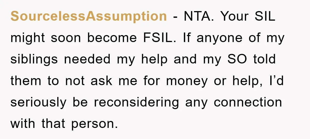 SourcelessAssumption − NTA. Your SIL might soon become FSIL. If anyone of my siblings needed my help and my SO told them to not ask me for money or help,...