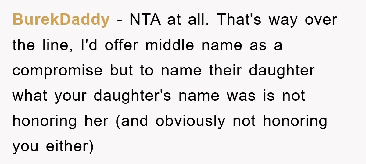 BurekDaddy − NTA at all. That's way over the line, I'd offer middle name as a compromise but to name their daughter what your daughter's name was is not honoring...