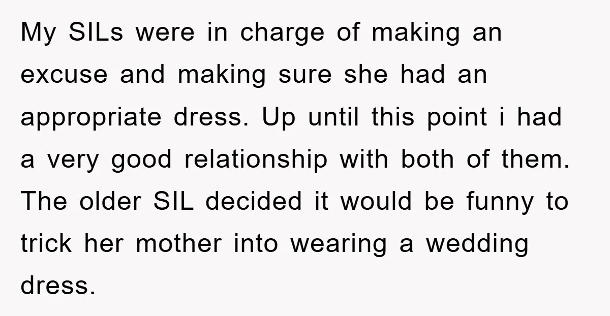 My SILs were in charge of making an excuse and making sure she had an appropriate dress. Up until this point i had a very good relationship with both of...