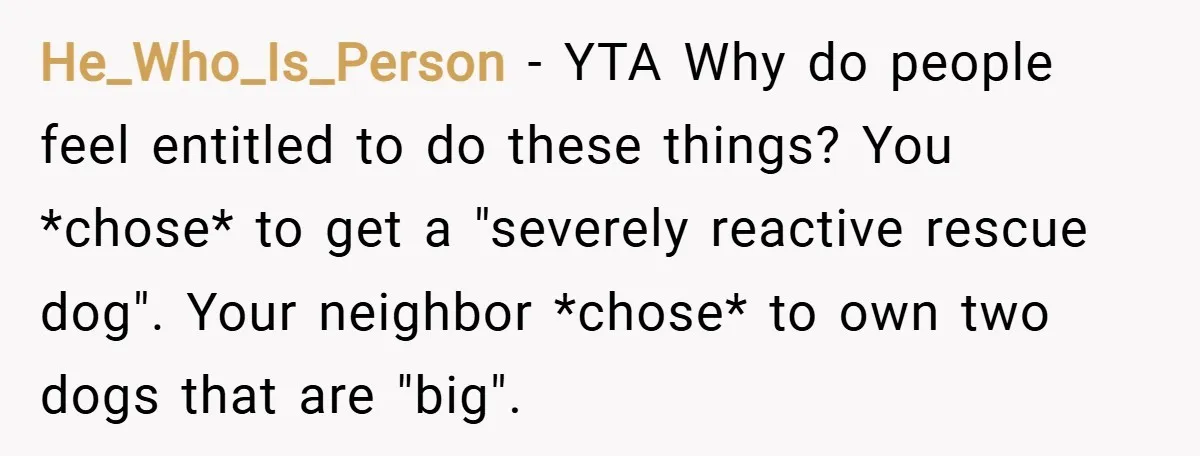 He_Who_Is_Person − YTA Why do people feel entitled to do these things? You *chose* to get a "severely reactive rescue dog". Your neighbor *chose* to own two dogs that are...