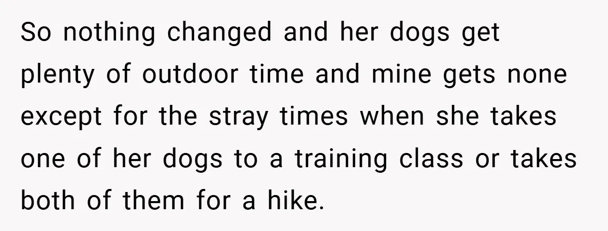 So nothing changed and her dogs get plenty of outdoor time and mine gets none except for the stray times when she takes one of her dogs to a training...