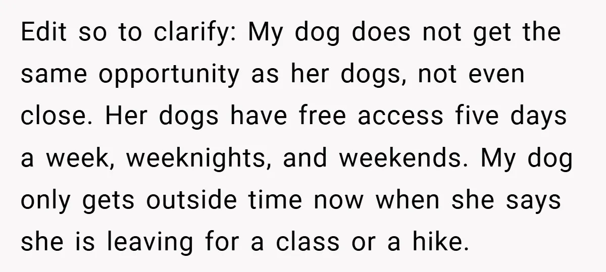 Edit so to clarify: My dog does not get the same opportunity as her dogs, not even close. Her dogs have free access five days a week, weeknights, and weekends....