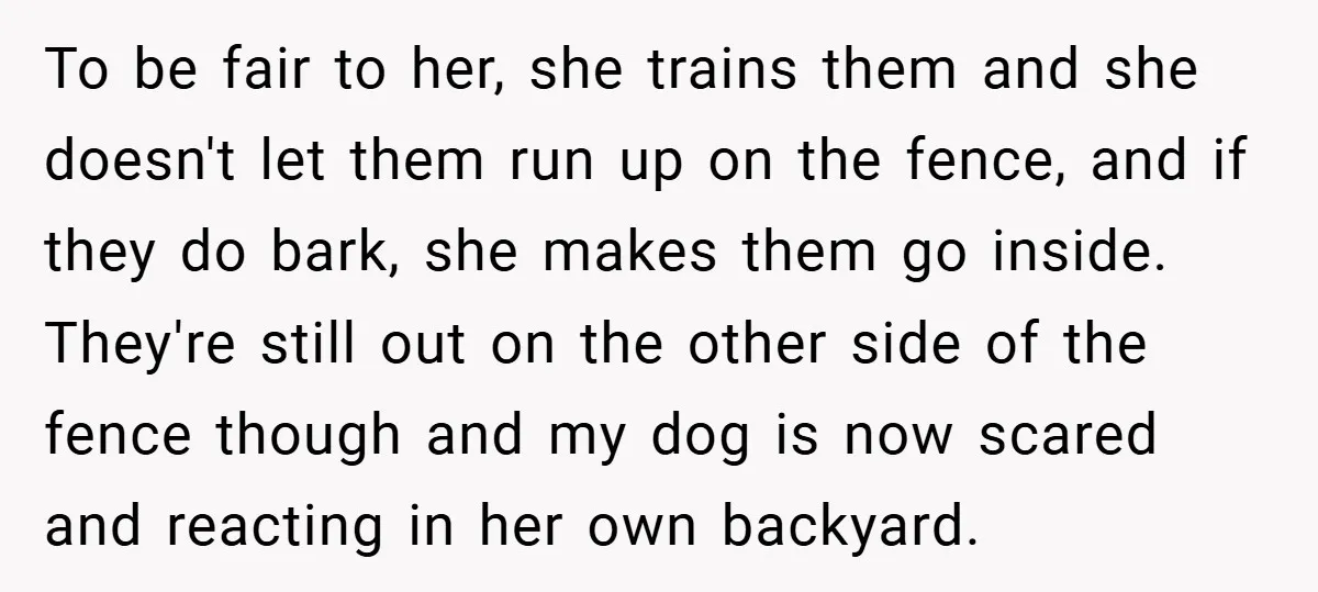 To be fair to her, she trains them and she doesn't let them run up on the fence, and if they do bark, she makes them go inside. They're still...