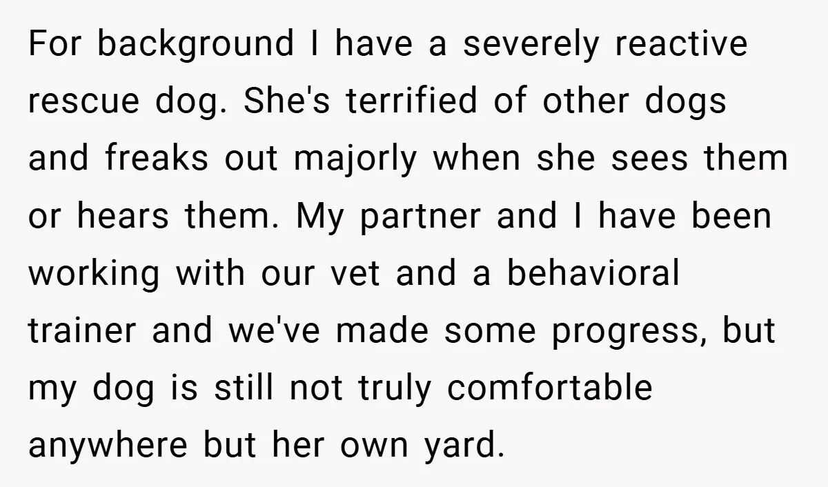 For background I have a severely reactive rescue dog. She's terrified of other dogs and freaks out majorly when she sees them or hears them. My partner and I have...