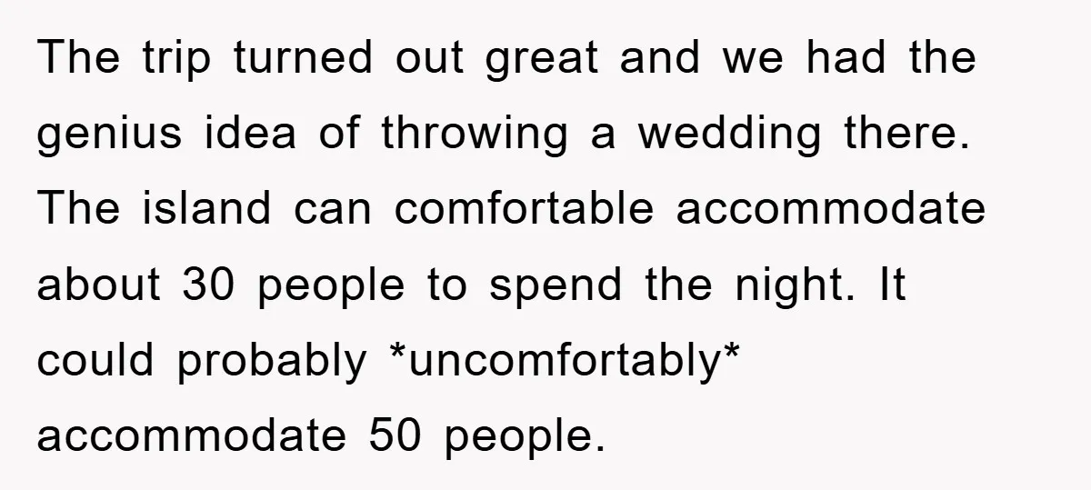 The trip turned out great and we had the genius idea of throwing a wedding there. The island can comfortable accommodate about 30 people to spend the night. It could...