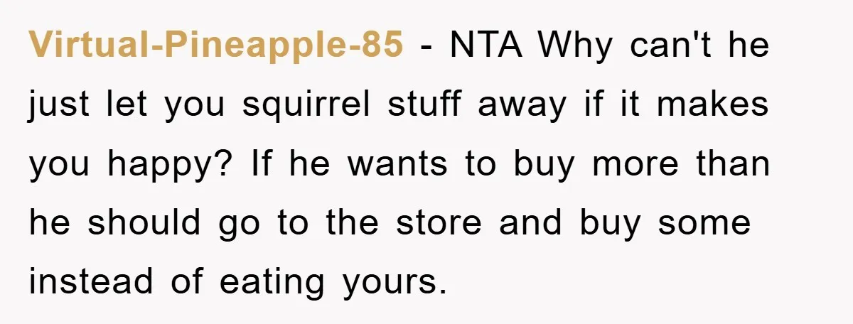 Virtual-Pineapple-85 − NTA Why can't he just let you squirrel stuff away if it makes you happy? If he wants to buy more than he should go to the store...