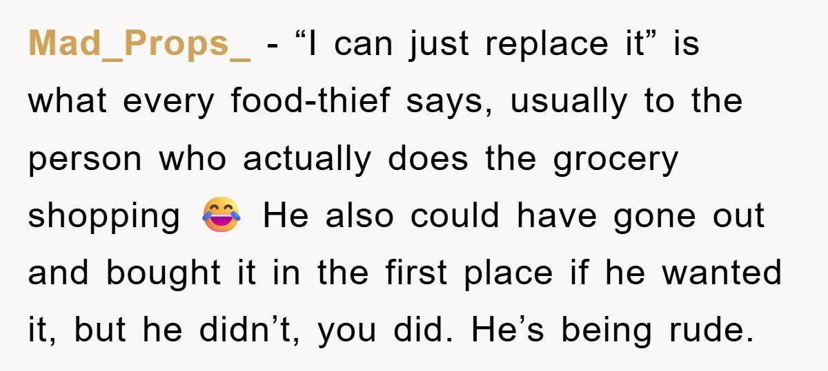 Mad_Props_ − “I can just replace it” is what every food-thief says, usually to the person who actually does the grocery shopping 😂 He also could have gone out and...