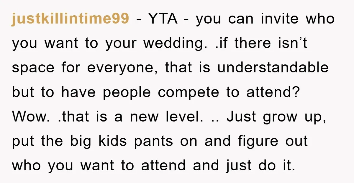 justkillintime99 − YTA - you can invite who you want to your wedding. .if there isn’t space for everyone, that is understandable but to have people compete to attend? Wow....