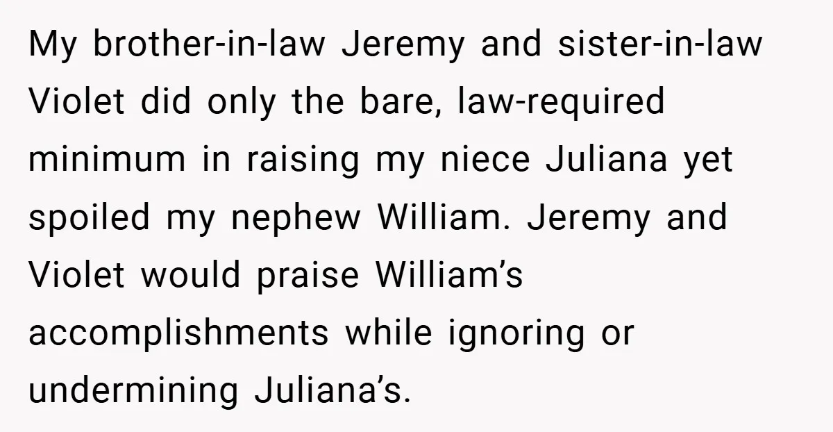 My brother-in-law Jeremy and sister-in-law Violet did only the bare, law-required minimum in raising my niece Juliana yet spoiled my nephew William. Jeremy and Violet would praise William’s accomplishments while...