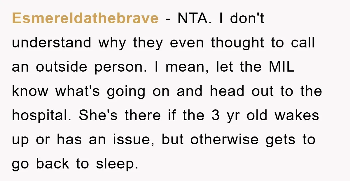 Esmereldathebrave − NTA. I don't understand why they even thought to call an outside person. I mean, let the MIL know what's going on and head out to the hospital....