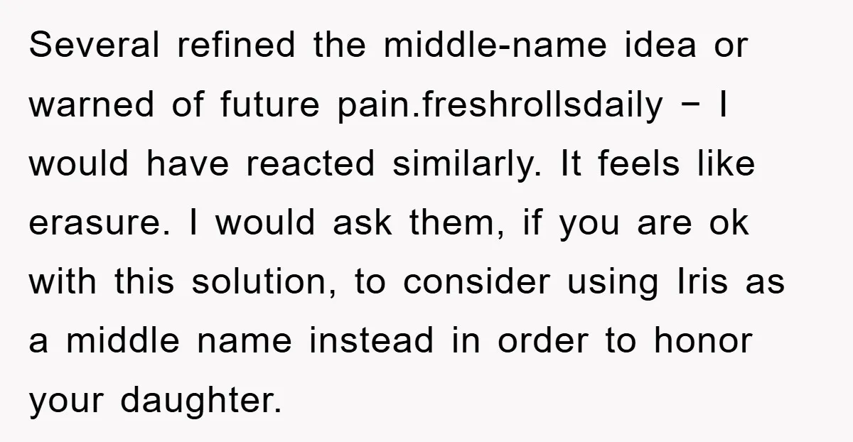 Several refined the middle-name idea or warned of future pain.freshrollsdaily − I would have reacted similarly. It feels like erasure. I would ask them, if you are ok with this...