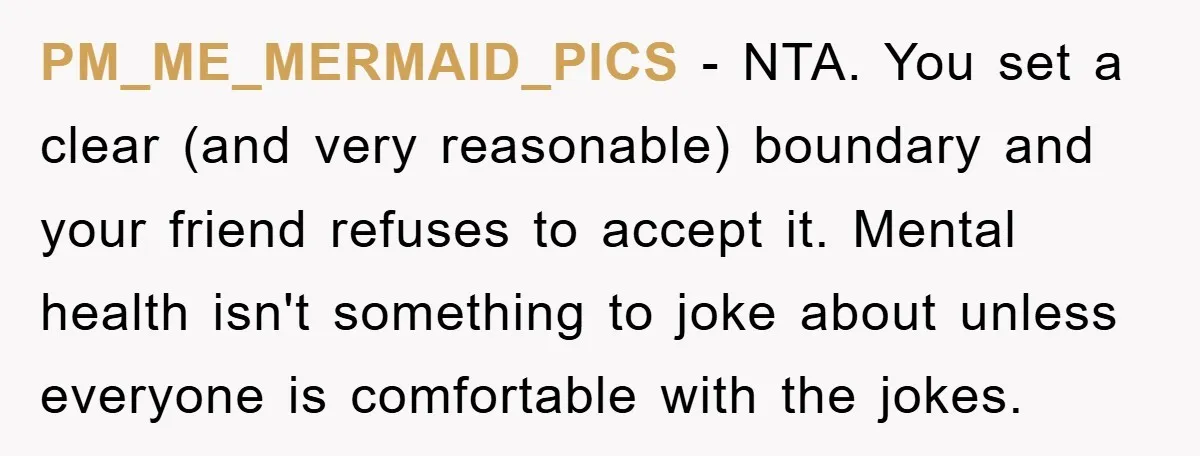 PM_ME_MERMAID_PICS − NTA. You set a clear (and very reasonable) boundary and your friend refuses to accept it. Mental health isn't something to joke about unless everyone is comfortable with...