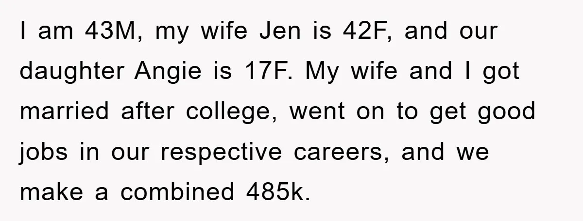 I am 43M, my wife Jen is 42F, and our daughter Angie is 17F. My wife and I got married after college, went on to get good jobs in our...