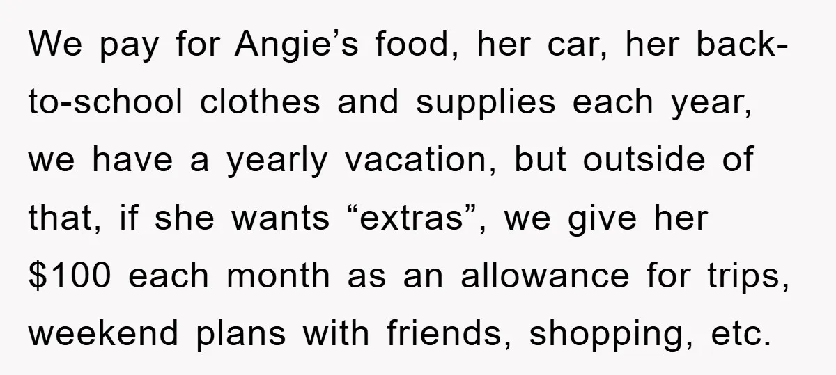 We pay for Angie’s food, her car, her back-to-school clothes and supplies each year, we have a yearly vacation, but outside of that, if she wants “extras”, we give her...