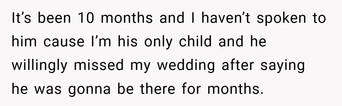 It’s been 10 months and I haven’t spoken to him cause I’m his only child and he willingly missed my wedding after saying he was gonna be there for months.