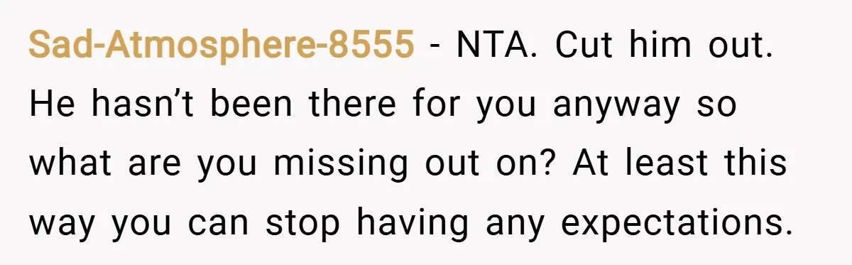 Sad-Atmosphere-8555 − NTA. Cut him out. He hasn’t been there for you anyway so what are you missing out on? At least this way you can stop having any expectations.