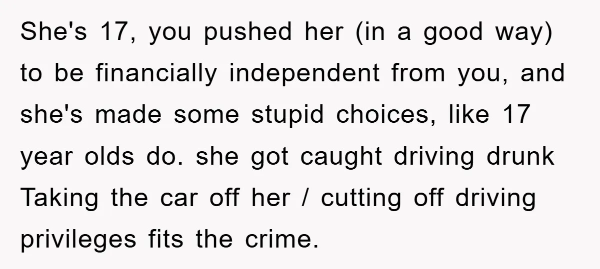 She's 17, you pushed her (in a good way) to be financially independent from you, and she's made some stupid choices, like 17 year olds do. she got caught driving...