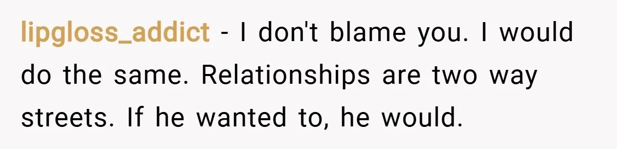 lipgloss_addict − I don't blame you. I would do the same. Relationships are two way streets. If he wanted to, he would.