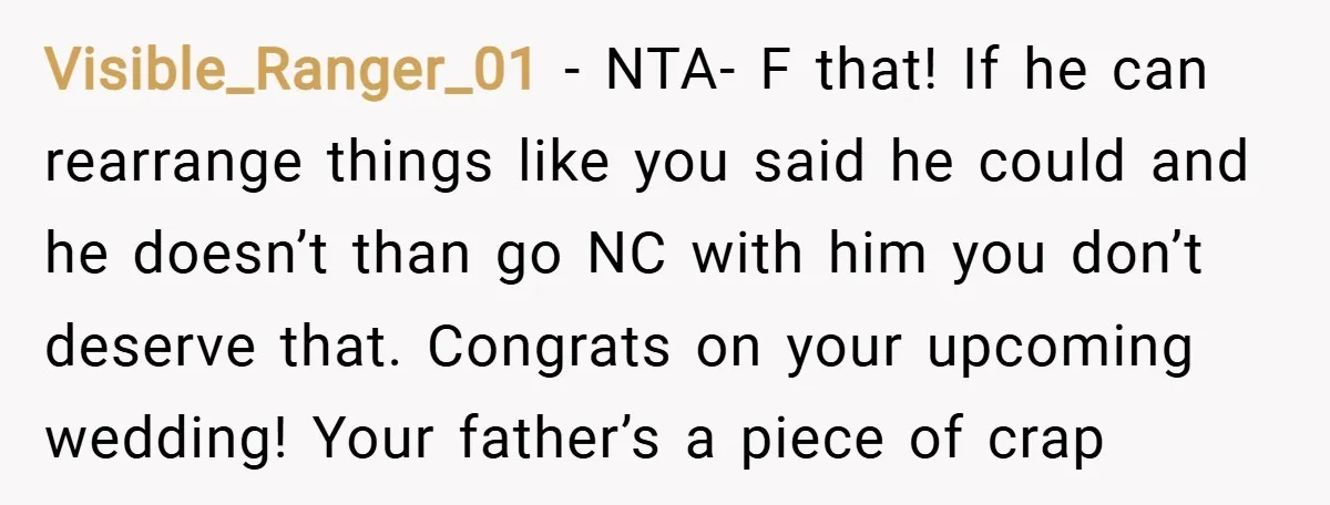 Visible_Ranger_01 − NTA- F that! If he can rearrange things like you said he could and he doesn’t than go NC with him you don’t deserve that. Congrats on your...