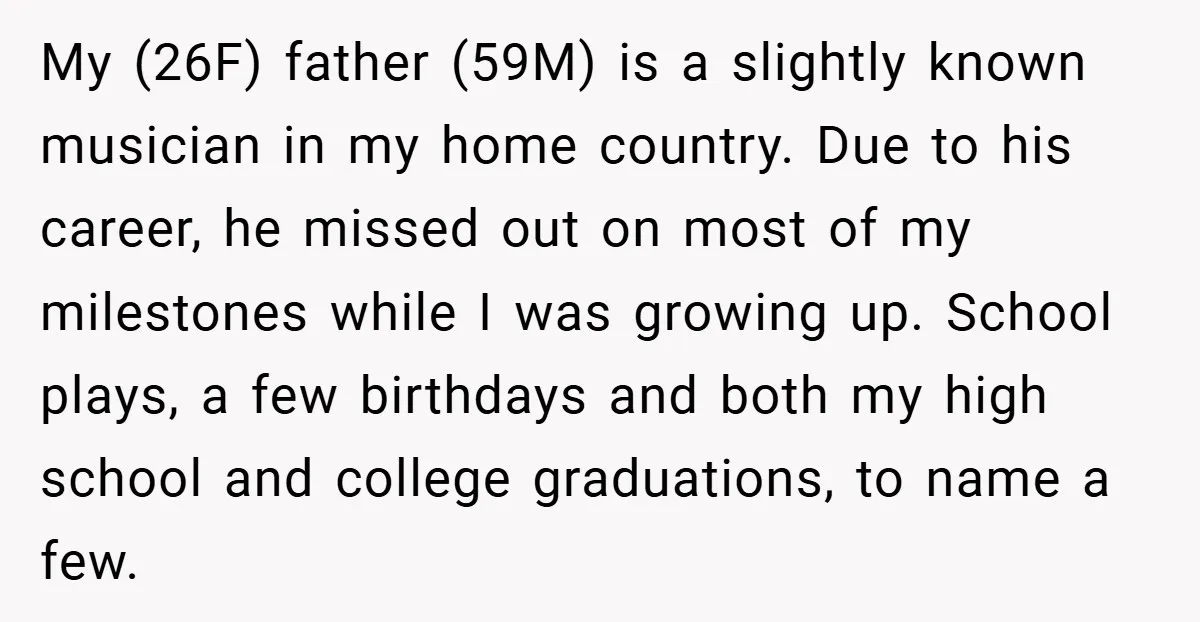 My (26F) father (59M) is a slightly known musician in my home country. Due to his career, he missed out on most of my milestones while I was growing up....