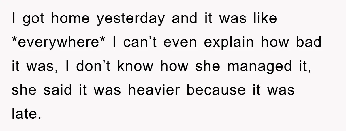 I got home yesterday and it was like *everywhere* I can’t even explain how bad it was, I don’t know how she managed it, she said it was heavier because...