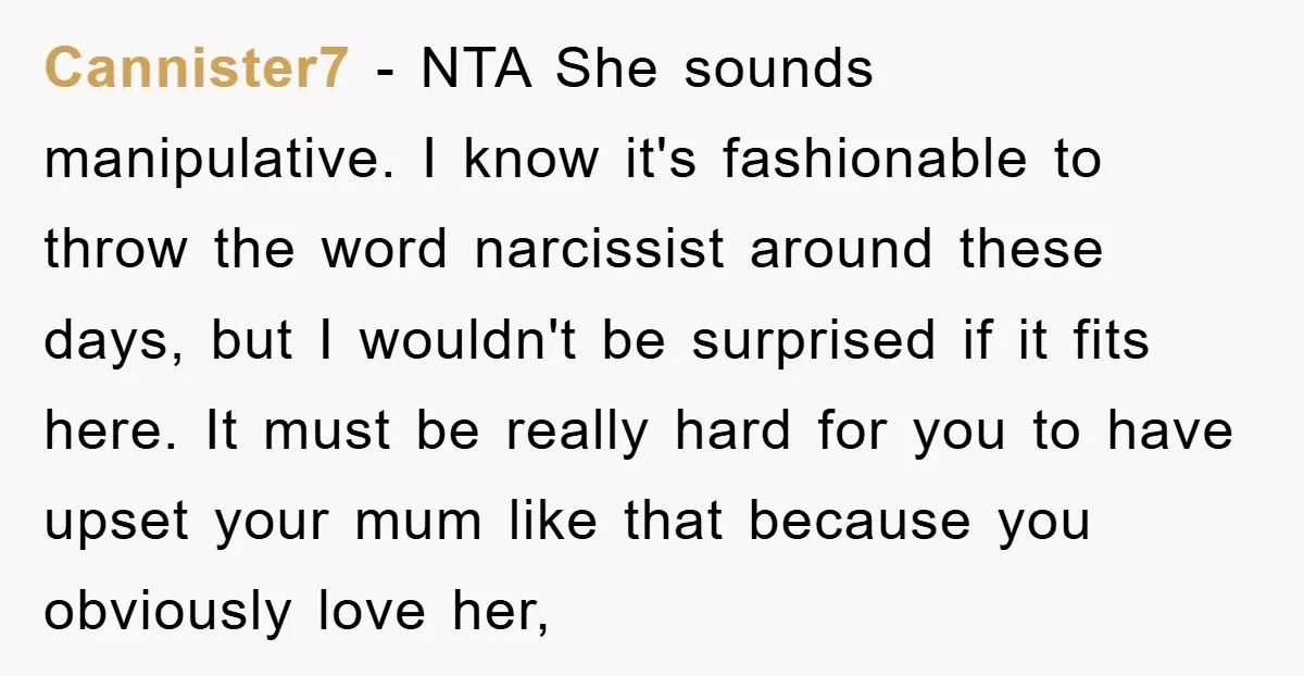 Cannister7 − NTA She sounds manipulative. I know it's fashionable to throw the word narcissist around these days, but I wouldn't be surprised if it fits here. It must be...