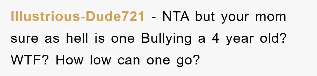 Illustrious-Dude721 − NTA but your mom sure as hell is one Bullying a 4 year old? WTF? How low can one go?