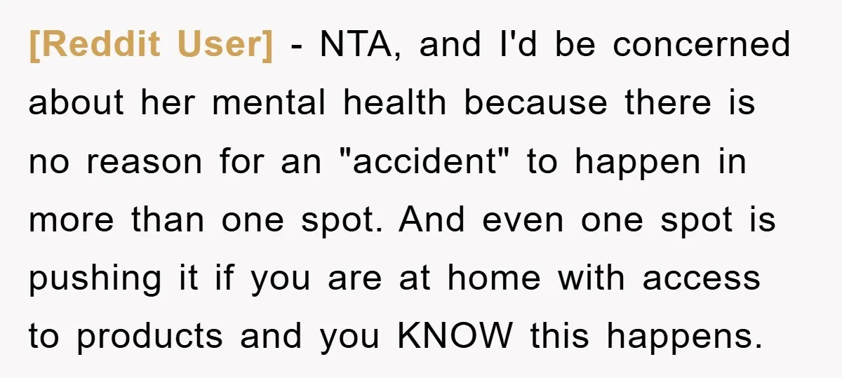 [Reddit User] − NTA, and I'd be concerned about her mental health because there is no reason for an "accident" to happen in more than one spot. And even one...