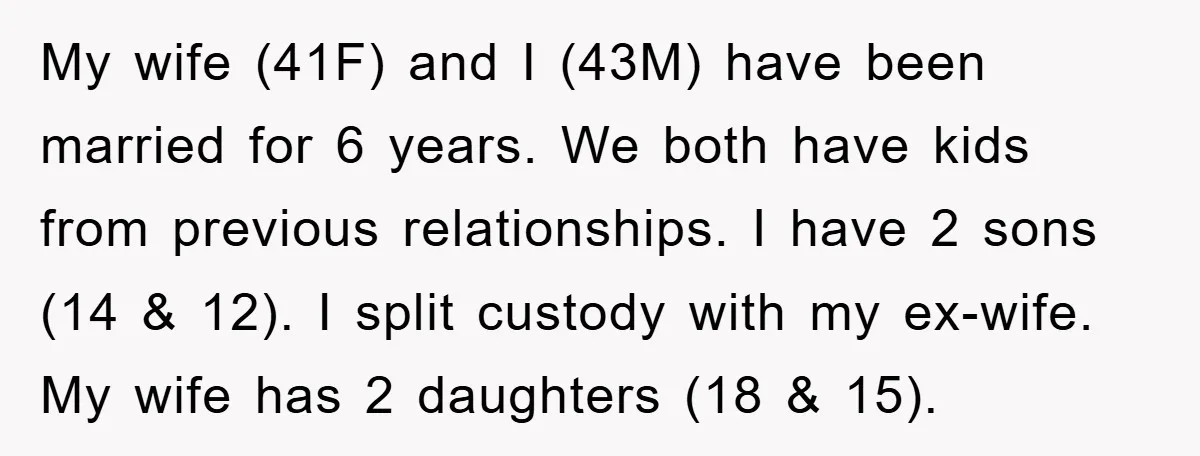 My wife (41F) and I (43M) have been married for 6 years. We both have kids from previous relationships. I have 2 sons (14 & 12). I split custody with...