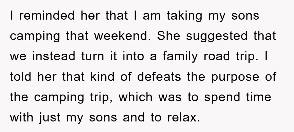 I reminded her that I am taking my sons camping that weekend. She suggested that we instead turn it into a family road trip. I told her that kind of...