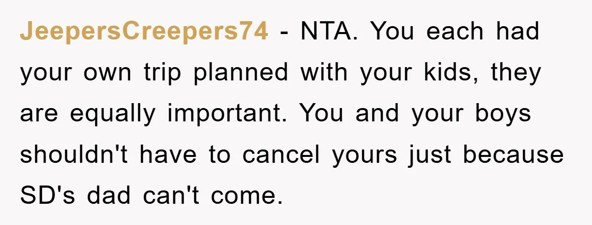 JeepersCreepers74 − NTA. You each had your own trip planned with your kids, they are equally important. You and your boys shouldn't have to cancel yours just because SD's dad...
