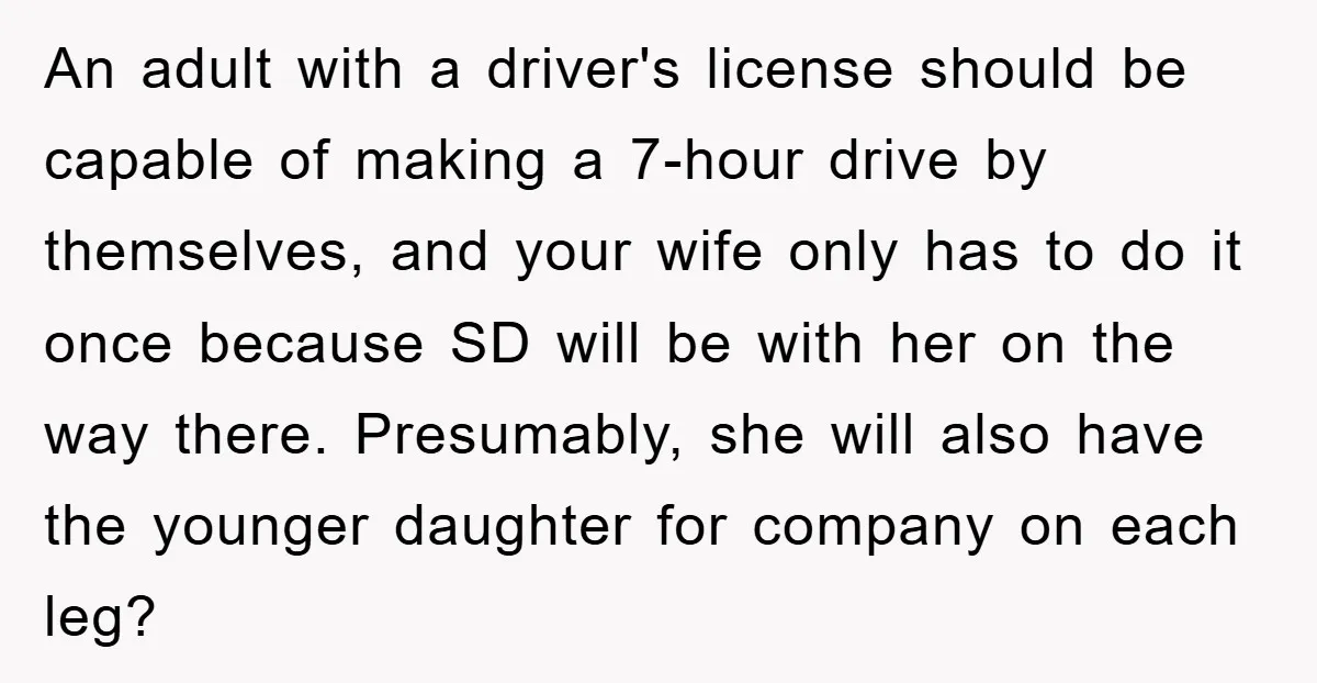 An adult with a driver's license should be capable of making a 7-hour drive by themselves, and your wife only has to do it once because SD will be with...