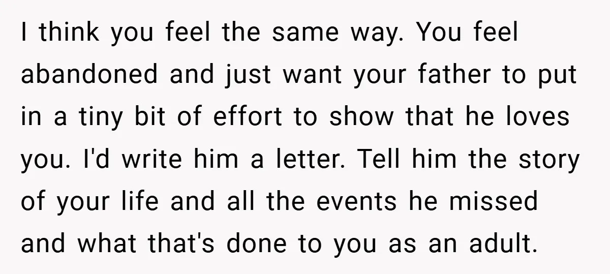 I think you feel the same way. You feel abandoned and just want your father to put in a tiny bit of effort to show that he loves you. I'd...