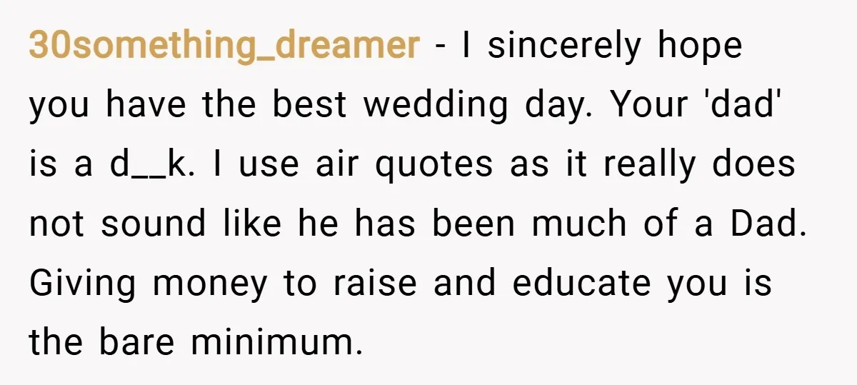 30something_dreamer − I sincerely hope you have the best wedding day. Your 'dad' is a d__k. I use air quotes as it really does not sound like he has been...