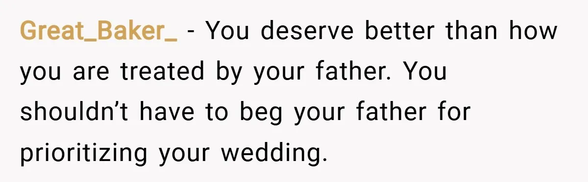 Great_Baker_ − You deserve better than how you are treated by your father. You shouldn’t have to beg your father for prioritizing your wedding.