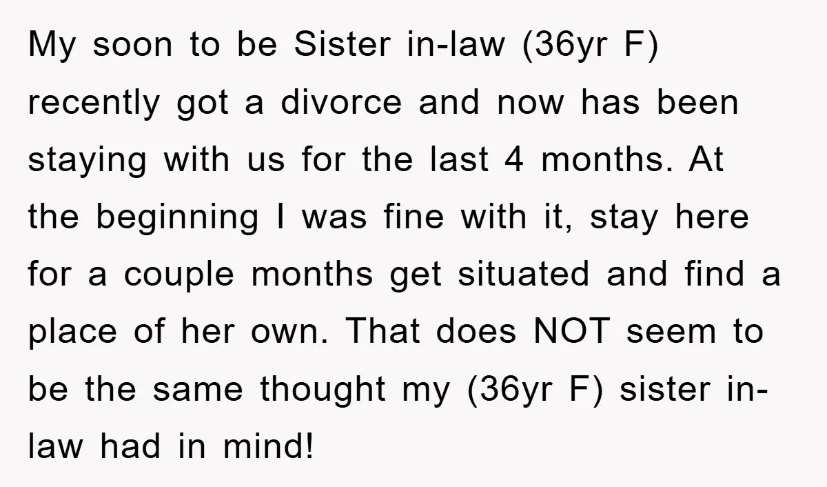 My soon to be Sister in-law (36yr F) recently got a divorce and now has been staying with us for the last 4 months. At the beginning I was fine...