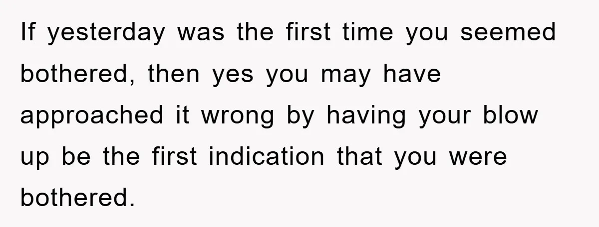 If yesterday was the first time you seemed bothered, then yes you may have approached it wrong by having your blow up be the first indication that you were bothered.