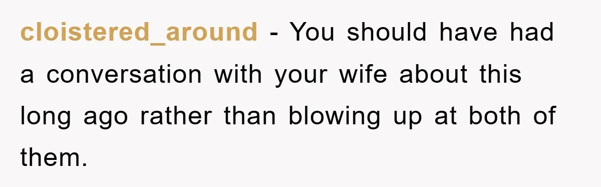 cloistered_around − You should have had a conversation with your wife about this long ago rather than blowing up at both of them.
