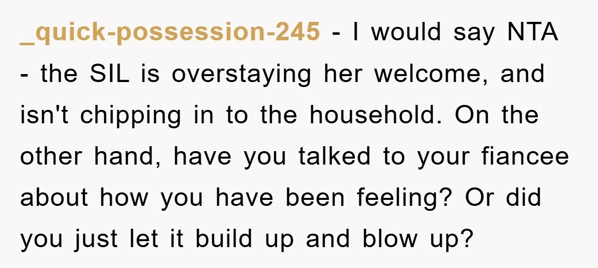 _quick-possession-245 − I would say NTA - the SIL is overstaying her welcome, and isn't chipping in to the household. On the other hand, have you talked to your fiancee...