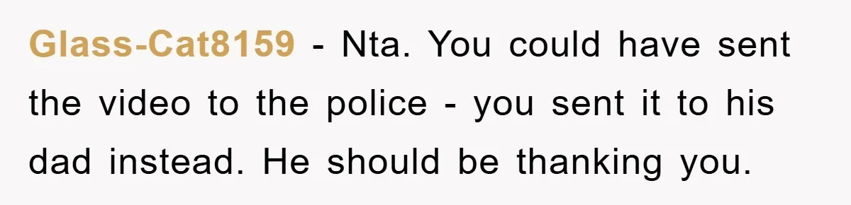 Glass-Cat8159 − Nta. You could have sent the video to the police - you sent it to his dad instead. He should be thanking you.