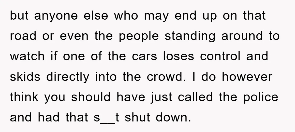 but anyone else who may end up on that road or even the people standing around to watch if one of the cars loses control and skids directly into the...