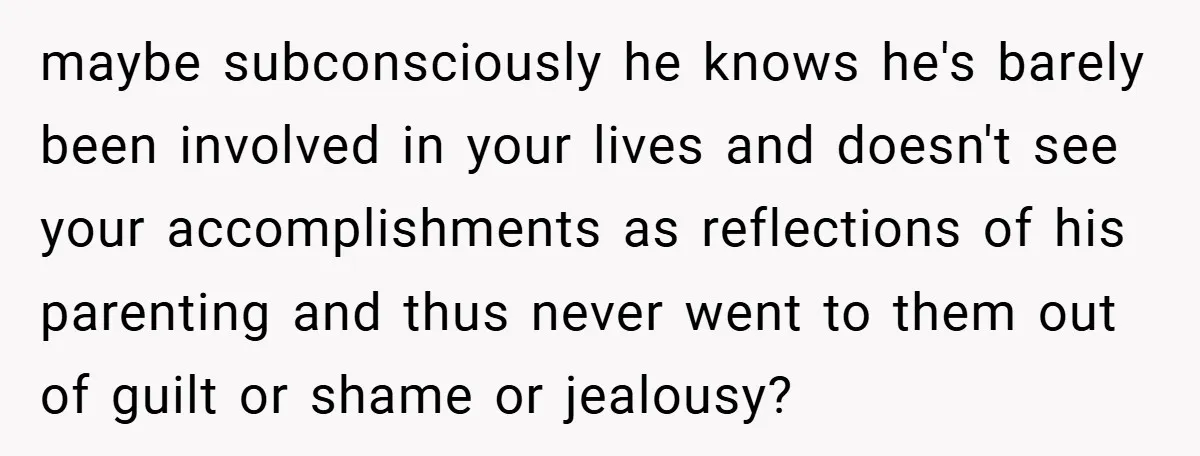 maybe subconsciously he knows he's barely been involved in your lives and doesn't see your accomplishments as reflections of his parenting and thus never went to them out of guilt...
