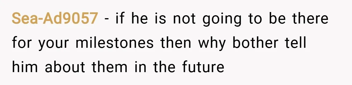 Sea-Ad9057 − if he is not going to be there for your milestones then why bother tell him about them in the future