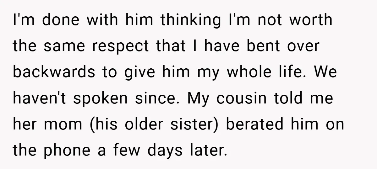 I'm done with him thinking I'm not worth the same respect that I have bent over backwards to give him my whole life. We haven't spoken since. My cousin told...